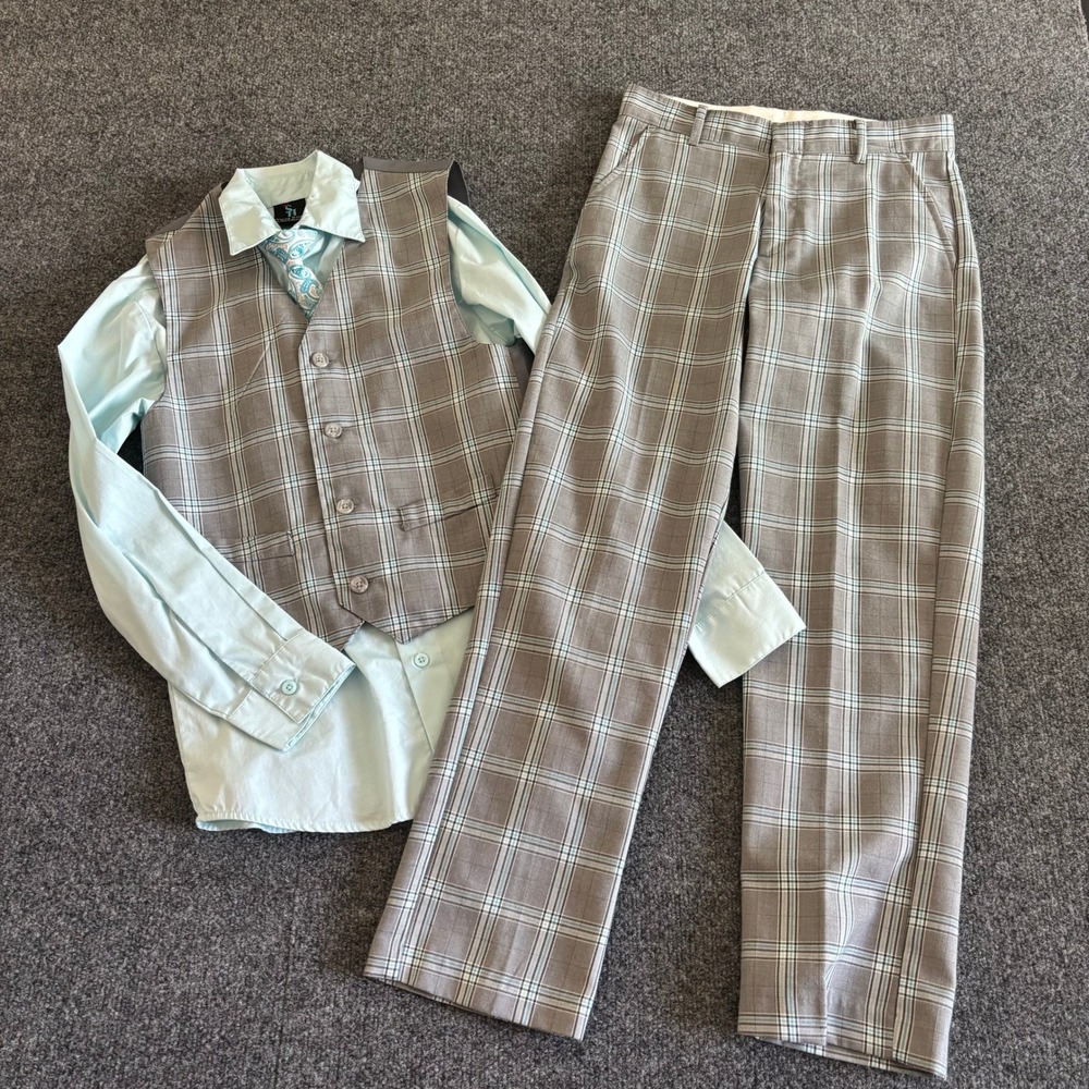 Young Kings by Steve Harvey Boys 4pc Suit Set 12 Regular Blue Grey Plaid